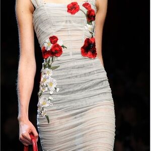 Dolce & Gabbana Cream Ribbed Embellished Sheath Dress